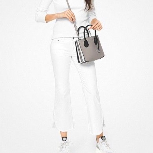 Michael Kors satchel/crossbody gray with black handles and white accordion sides - Picture 2 of 9